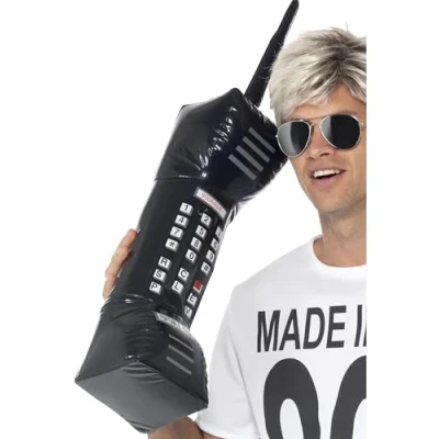 Image of Smiffys Inflatable Retro Mobile Phone, Black 76cm / 30in, 1980&#039;s Fancy Dress, Adult Dress Up Accessories