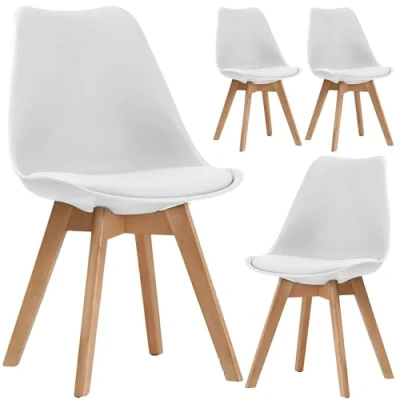 Image of JupiterJX Dining Chairs Set Of 4 Wooden Legs Soft Cushioned Pad Seat, Modern Retro Tulip Kitchen For Home Bedroom Cafe Lounge Office White