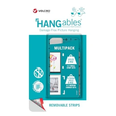 Image of VELCRO Brand HANGables Picture Hanging Small &amp; Medium Multi Pack 4 x Strips (Holds 2kg) 8 Corner 6kg) Damage Free