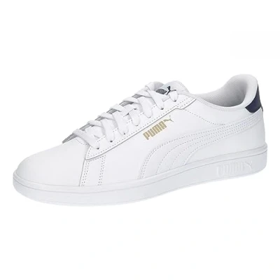 Image of Puma Smash 3.0 Unisex Trainers, Size: 11, White/navy/gold leather and imitation