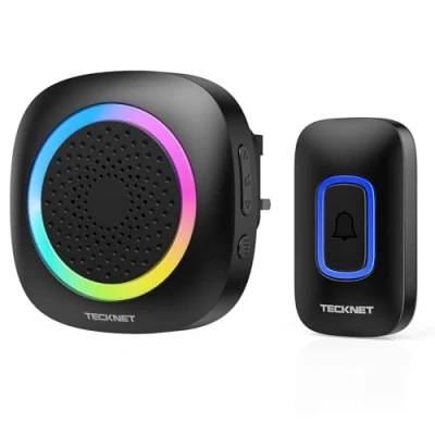 Image of TECKNET Wireless Doorbell, Plug in Doorbell with RGB Light, IP66 Waterproof Portable Cordless Battery Powered Door Chime Kit, 400M Range, 60 Chimes &amp; 5 Level Volume (Black)
