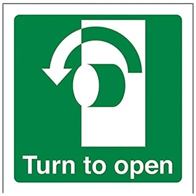 Image of V Safety 22017AF S Turn To Open (Anti Clockwise) Sign Square 100mm x Self Adhesive Vinyl, Green