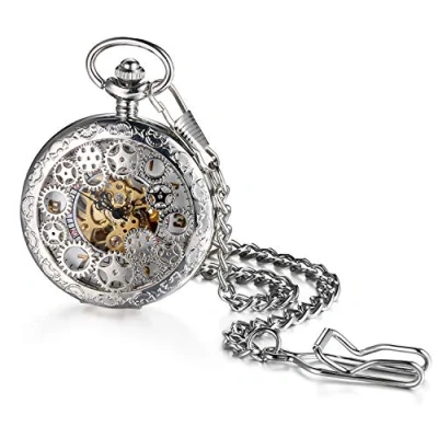 Image of JewelryWe Vintage Half Hunter Black Hollow Gear Wheel Skeleton Hand Wind Mechanical FOB Pocket Watch with Chain