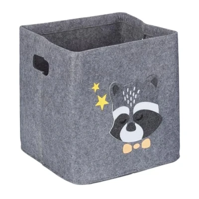 Image of Storage Box for Kids, Raccoon Design, Toy Basket Made of Felt, Foldable, HxWxD: 33 x cm, Grey Relaxdays