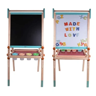Image of Classic World Wooden Double Sided Multi Functional Art Easel, Foldable, Adjustable Height, Includes Magnetic Drawing Whiteboard, Chalkboard, 6 Paint Cups, 26 Alphabets, 54 x 45 113 cm, 3 Years+