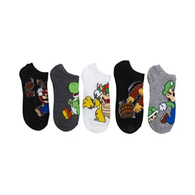 Image of Mario Boys&#039; Big 5 Pack No Show, Black White Grey Sock 9 11 Fits Shoe Size 4