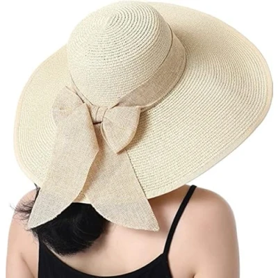 Image of BABAHU Women Foldable Floppy Wide Brim Straw Sun Hat Summer Beach UV UPF 50+