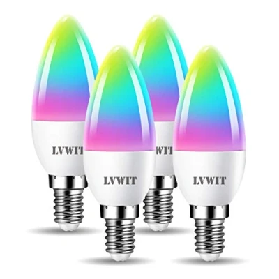Image of Dimmable E14 WiFi Candle LED Bulb, LVWIT C37 Smart RGB Bulbs, 470Lm, 5W Replace 40 Watt, Compatible with Alexa, Echo and Google Assistant,Dimmed TUYA/Smart Life APP (Pack of 4)