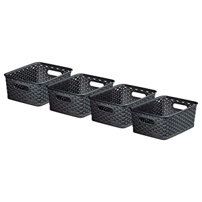 Image of Curver My Style Rattan Effect Set of 4 Kitchen, Living room, Bathroom, Bedroom, Utility Small Rectangular PlasticStorage Baskets Litres Anthracite, Dark Grey