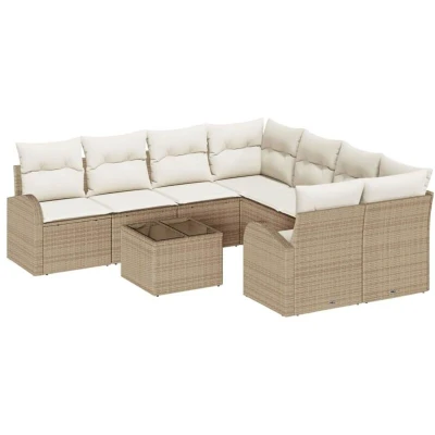 Image of vidaXL 9 Piece Garden Sofa Set with Cushions Beige Poly Rattan