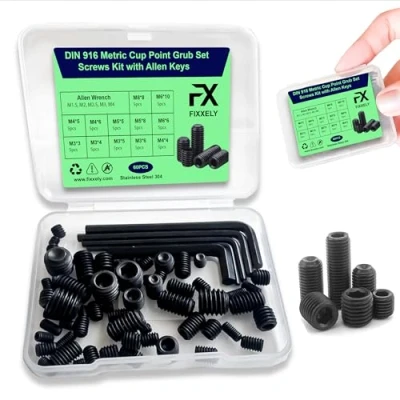 Image of Fixxely Grub Screws Assortment Kit 60PCS Stainless Steel 304 Set M3, M4, M5, M6, M8 Hex Headless with Allen Key Door Handle Repair &amp; Bathroom Fixtures