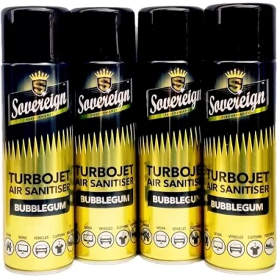 Image of 4 x Bundle New Scents Sovereign Car Home Office Gym Turbojet Air Sanitiser Freshener Spray (Bubblegum)