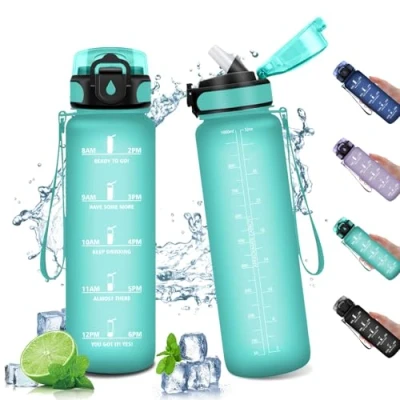 Image of KollyKolla Sports Bottle, 1 Litre, Water Bottle with Straw, Leak Proof, Time Marking, Suitable for Carbonated Drinks, Large Fitness, Yoga, Outdoor, Bicycle