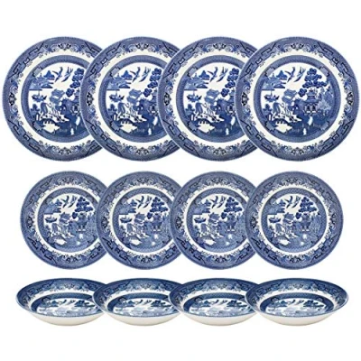 Image of Churchill Blue Willow Dinner Plates Salad and Coupe Bowls 12 Piece Dinnerware Set