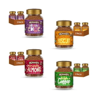 Image of Beanies Double Chocolate x 2, Ameretto Almond Caramelised biscuit and Irish Coffee Flavoured Instant Coffee, 400g (50g 8 pack) Rich in Flavour, Low Calorie, Sugar Free