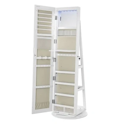 Image of SONGMICS 6 LEDs Mirror Jewellery Cabinet, 360 Swivel Storage Organiser, Lockable, Free Standing Frameless Full Length with Storage, White Surface, Greige Lining JJC007W02