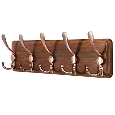 Image of SKOLOO Coat Rack Wall Mounted Wooden, Heavy Duty, Rustic Hooks for Wall, with 5 Triple Hanging Clothes, Jacket, Hat(Brown &amp; Retro Red)