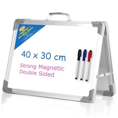 Image of Compact Desk Whiteboard Double Sided Magnetic Folding Easel Board 40 x 30cm Includes 3 Pens Ideal for Home &amp; Office