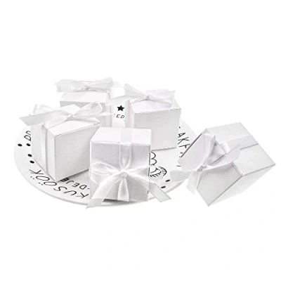 Image of JZK 50 Blank white wedding favour boxes with ribbons paper sweets box for birthday Christmas christening baby shower communion graduation party