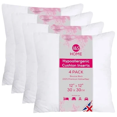 Image of I&amp;S Home Cushion Inserts 30cm x (12&quot;x12&quot;) Square Inner Pads Bounce Back Polyester Filler Hypoallergenic Scatter Cushions for Sofa and Couch Pack of 4