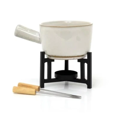 Image of Carousel Home Stoneware Fondue Set Ceramic Chocolate Tea Light Candle Pot with 2 Forks Cream Porcelain Cheese Pan and Stand