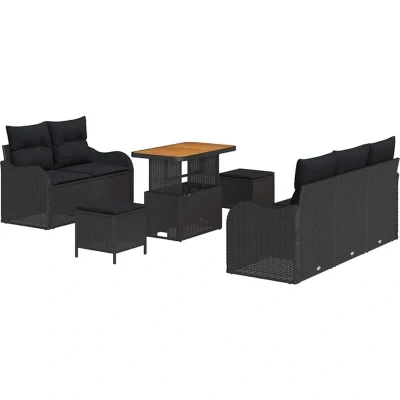 Image of vidaXL 8 Piece Garden Sofa Set with Cushions Black Poly Rattan Acacia