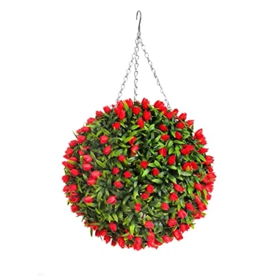 Image of Best Artificial TULIP Flower Ball Lush Long Leaf Topiary Grass (38cm, Red)