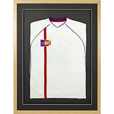 Image of Vivarti DIY Adult 3D Mounted Sports Shirt Display Frame for Football Shirt, Rugby Band T Shadow Box 60 x 80cm Oak Frame, Black Mount, Backing Card