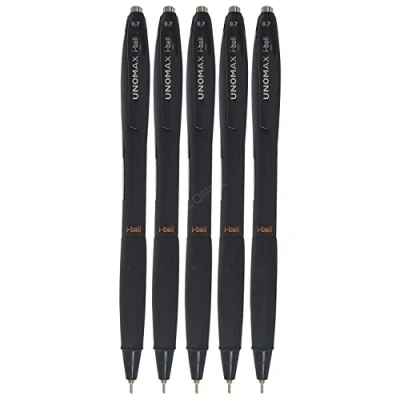 Image of UNOMAX iBall RT Retractable Ballpoint Pens, BLACK, Fine Point (0.7mm), Pack of 5, Retract Ball School Office Home Use, PATEL Black Pen