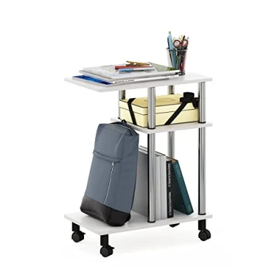 Image of Furinno Turn N Tube U Shape Sofa Side Table with Casters, White Oak, Stainless Steel Tubes, 29.5(D) x 50(W) 62.7(H) cm