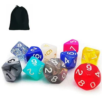 Image of Bescon 10pcs Set of 10 Sided Dice (number 0 9), Count Assorted Random Multi Effected&amp;Colored Pack D10 in Drawstring Pouch