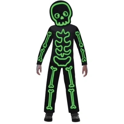 Image of amscan 9907100 Kids Glow In The Dark Skeleton Jumpsuit &amp; Mask Halloween Fancy Dress Costume Age: 8 10 Years