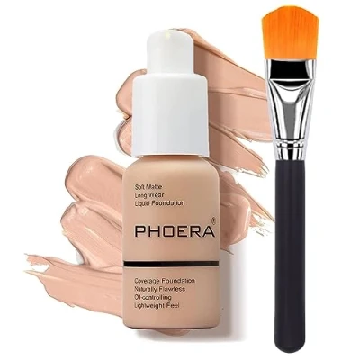 Image of Glamza PHOERA Foundation Concealer Makeup Full Coverage Matte Brighten Long Lasting UK + Professional Flat Face Brush (104 BUFF BEIGE)