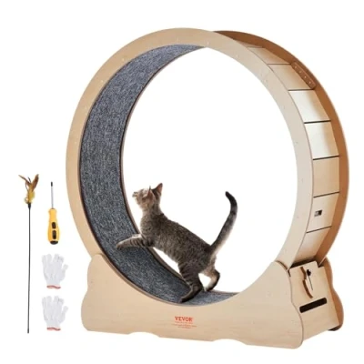 Image of VEVOR Wooden Cat Exercise Wheel, 43.3&quot; Large Treadmill Wheel for Indoor Cats, Running with Detachable Carpet &amp; Teaser Running/Walking/Training, Suitable Most Cats Yellow