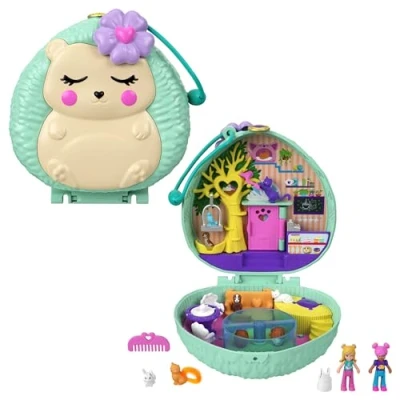 Image of Polly Pocket Hedgehog Cafe Compact, Café &amp; Pet Theme, Micro Doll Friend Doll, 2 Animal Figures,, Fun Features Surprise Reveals, Great Gift for Ages 4 Years Old Up, GTN15