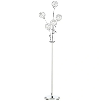 Image of HOMCOM 5 Light Upright Floor Lamps for Living Room with K9 Crystal Lampshade, Modern Standing Lamp Bedroom, (Bulb not Included), Silver