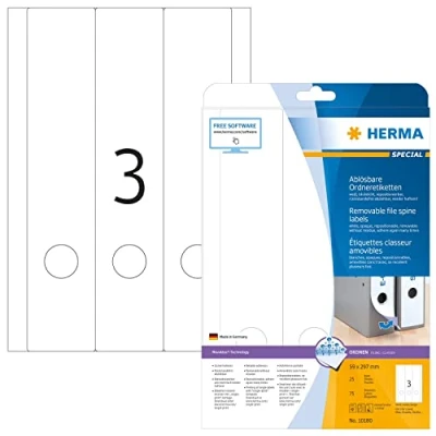 Image of HERMA Self Adhesive Removable Spine Labels, 3 Labels per A4 Sheet, 25 Sheets, 59 x 297 mm, 75 Blank Lever Arch File Folder Stickers, Sticky for Laser &amp; Inkjet Printer, White