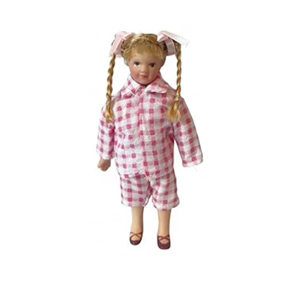 Image of Melody Jane Dolls House Little Girl in Pink &amp; White Pyjamas Porcelain1:12 Scale People