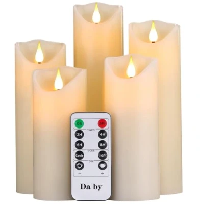 Image of Da by Flameless Candles 13/14/16/18/20cm Set of 5 Realistic Dancing LED Flickering Wick for Parties,Home,Public Elegant Events, Battery Powered, 10 Key Remote Control, Ivory Color.