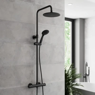 Image of BAYSTONE Bathroom Mixer Shower Thermostatic Dual Head Round Rainfall Handset Black