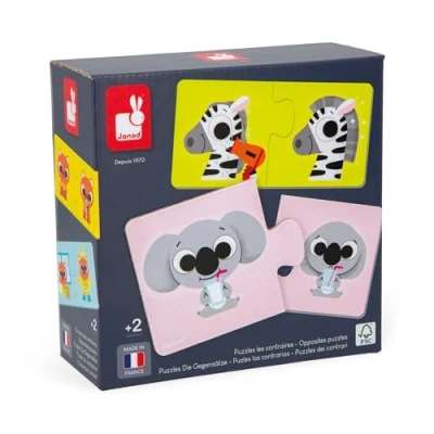 Image of Janod Opposites Puzzle 12 Cardboard 2 Piece Puzzles Educational Game Fine Motor Skills and Concentration FSC Product Vegetable Inks Made in France Ages + J02627