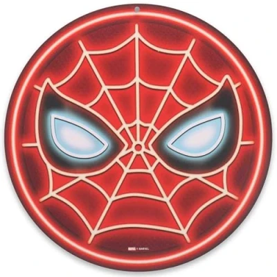 Image of Open Road Brands Marvel Spider Man Mask Faux Neon Round Metal Sign Fun Wall Decor for Cave or Movie Room