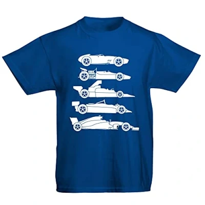 Image of Youth Kids Childrens Evolution of The Formula F Car 1 One T Shirt Royal Blue 7 8 Years (M)