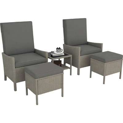 Image of Outsunny 5 Piece Rattan Garden Furniture Set, Wicker Patio Sofa Set with 2 Armchairs, Footstools, Glass Top Coffee Table Shelf, Outdoor Adjustable Backrests, Cushions, Dark Grey