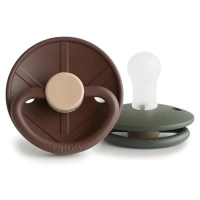 Image of FRIGG Little Viking Silicone Pacifier Pack of 2 Pacifiers Soother Dummy BPA Free Made in Denmark Symmetrical Cherry Shaped Nipple (Cocoa/Olive, Size 1 (0 6 Months))