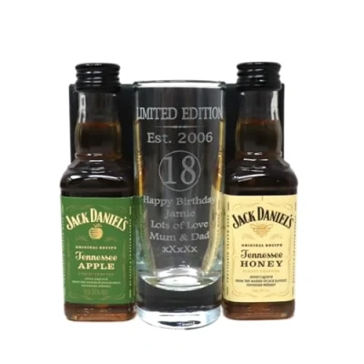 Image of Regalo Personalised Laser Engraved Est 2006 18th Birthday Shot Glass Set with Miniature Alcohol Bottle Gift for Son or Daughter Girls &amp; Boys (Apple Honey Tennessee Whiskey/No Box)