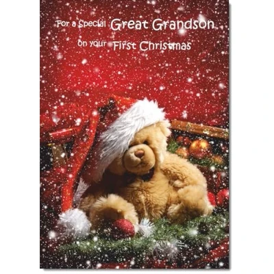 Image of doodlecards Great Grandsons 1st First Christmas Card Bear with Santa Hat Medium Size for Plain Envelope