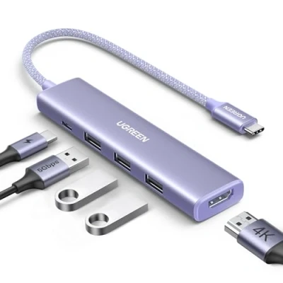 Image of UGREEN Revodok USB C Hub, 5 in 1 Multiport Adapter with 100W PD, 4K HDMI, 3x 5Gbps A Ports, Aluminum to HDMI for M2/M3 MacBook Air, iPhone 15 Series, iPad, Galaxy, XPS(Purple)