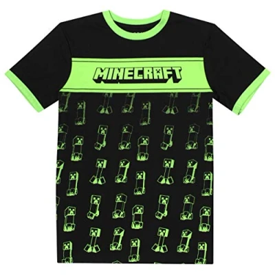 Image of Minecraft Clothes Boys T Shirt Gamer Kids Contrast Creeper Gifts for Black &amp; Green Age 9/10