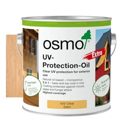 Image of osmo UV Protection Oil Extra Wood Preserver Outdoor 420, Clear Satin, 2.5L Durable for Wooden Surfaces, Water &amp; Dirt Resistant, Treatment Finish